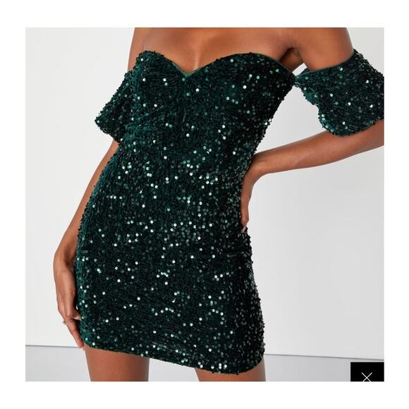 Lulus Dresses & Skirts - NWT Lulus Sz XL All Aglitter Emerald Green Sequin Off the Shoulder Mini Dress